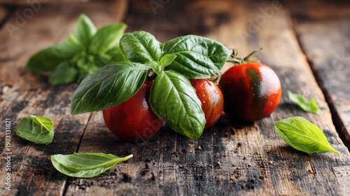 Fresh Basil and Ripe Tomatoes on Rustic Wooden Background