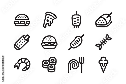 Cuisine icons, restaurant menu, burger pizza sushi and snack food visuals