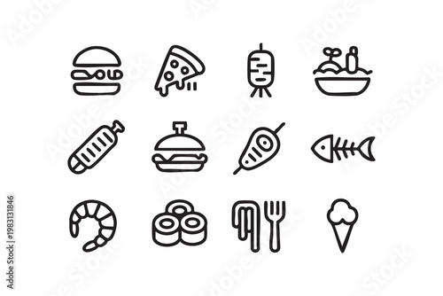 Food menu icons, fast food meals, street food and takeaway dining concept