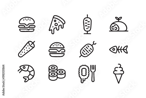 Restaurant meal icons, fast food menu, takeaway dining and cuisine symbols