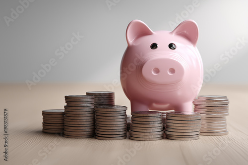 A pink piggy bank with black eyes and nostrils sits prominently on a wooden surface surrounded by stacks of coins.