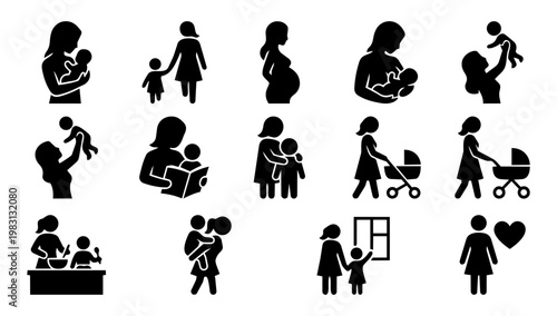 Mother and Child Icons Set, Family Bonding and Parenting Silhouettes Collection