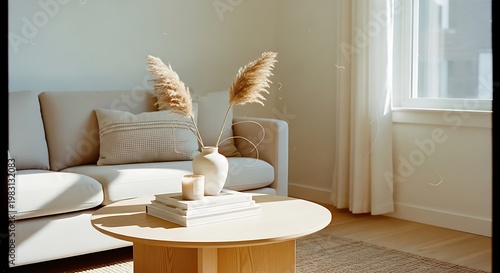 A serene living room with a beige couch and a wooden coffee table