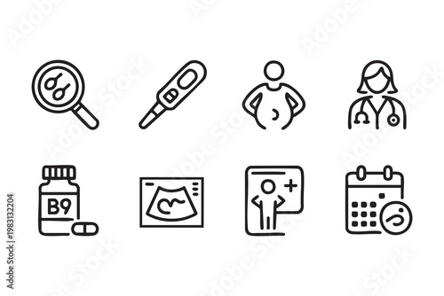 Maternal health icons, pregnancy care, prenatal checkup and medical consultation symbols