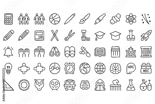 Education school icons for learning, classroom supplies, science tools and academic activities