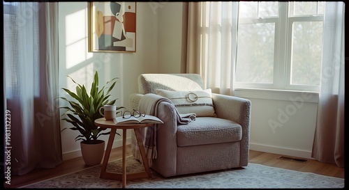 A cozy living room with a comfortable armchair and a side table