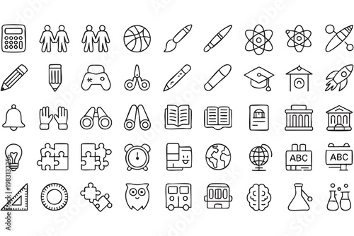 Learning icons, school education, classroom tools and academic study visuals