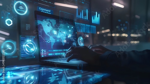 Futuristic global data analytics interface with digital network visualization and real time business intelligence concept