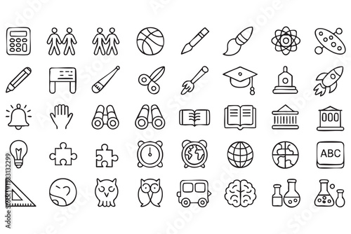 Education outline icon set, classroom learning, academic tools and student activities visuals