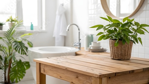 Stylish bathroom scene with wooden tabletop and clean white sink in a bright airy interior with soft natural lighting