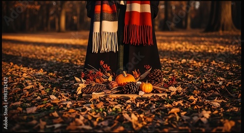 Two people standing in a park surrounded by autumn leaves and decorations