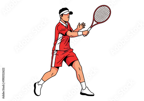 Cartoon illustration of a tennis player in a red uniform midswing