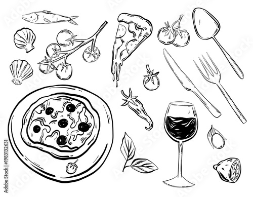 Hand drawn Italian dinner and seaside elements set Romantic Mediterranean date symbols for restaurant branding and coastal holiday postcards