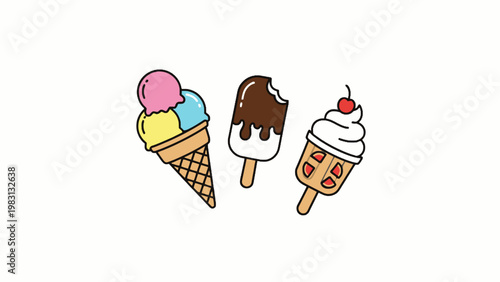 Ice cream cone popsicle and sundae vector illustration set