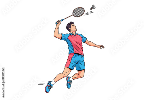 Cartoon male badminton player executing a jump smash against a white background