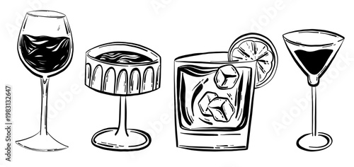 Hand drawn cocktails and wine glasses set Refreshing drinks for summer beach bar menu happy hour invitations and holiday celebration party decor