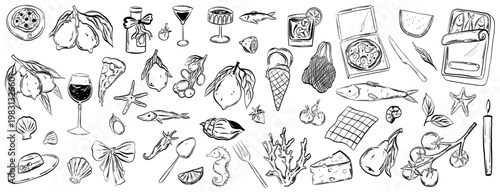 Hand drawn Italian summer lifestyle doodles set Mediterranean vacation symbols for beach party invitations and travel scrapbooking Dolce Vita elements