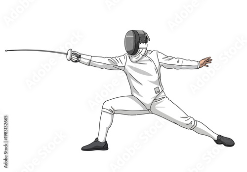 Fencer in white uniform executing a lunge action with a foil weapon