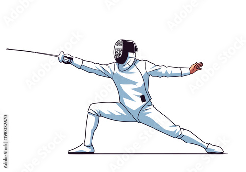 Fencer in white uniform executing a lunge holding a foil