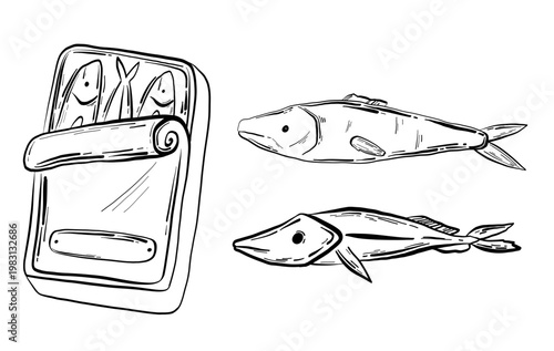Hand drawn tinned sardines and sea fish set Mediterranean seafood elements for ocean themed party coastal restaurant menus and picnic labels
