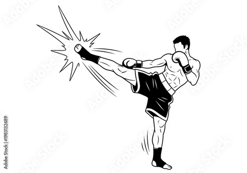 Black and white line art of a muscular fighter executing a high side kick