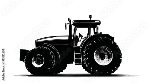 Black tractor silhouette with large wheels in minimalist style  