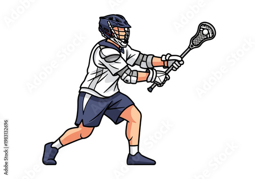 Cartoon male lacrosse player wearing helmet and padding holding a stick with a ball