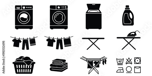 Laundry service icon set, washing machine and dryer vector symbols, black household appliance silhouettes for cleaning and garment care