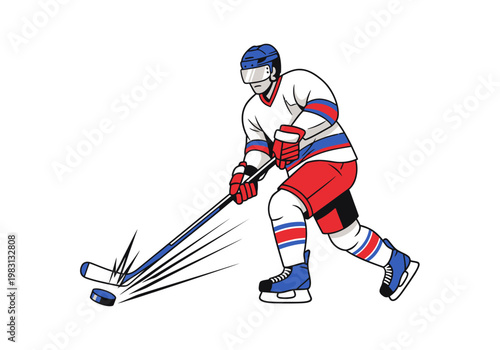 Cartoon illustration of an ice hockey player shooting a puck