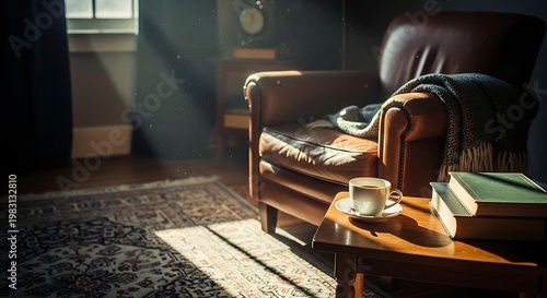 A cozy living room with a brown leather armchair and a cup of coffee