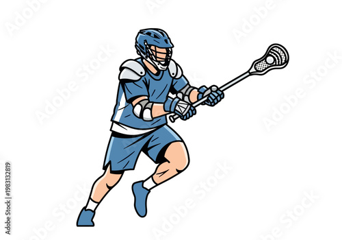 Cartoon illustration of a male lacrosse player running with a stick