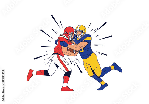 Illustration of two American football players colliding during a tackle emphasized by impact lines