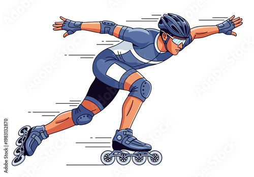 Male inline skater in speed stance wearing blue protective gear