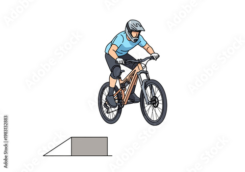 Mountain biker launching off a ramp feature in midair