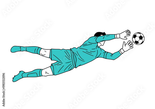 Stylized drawing of a tealclad soccer goalkeeper diving horizontally to catch a black and white ball