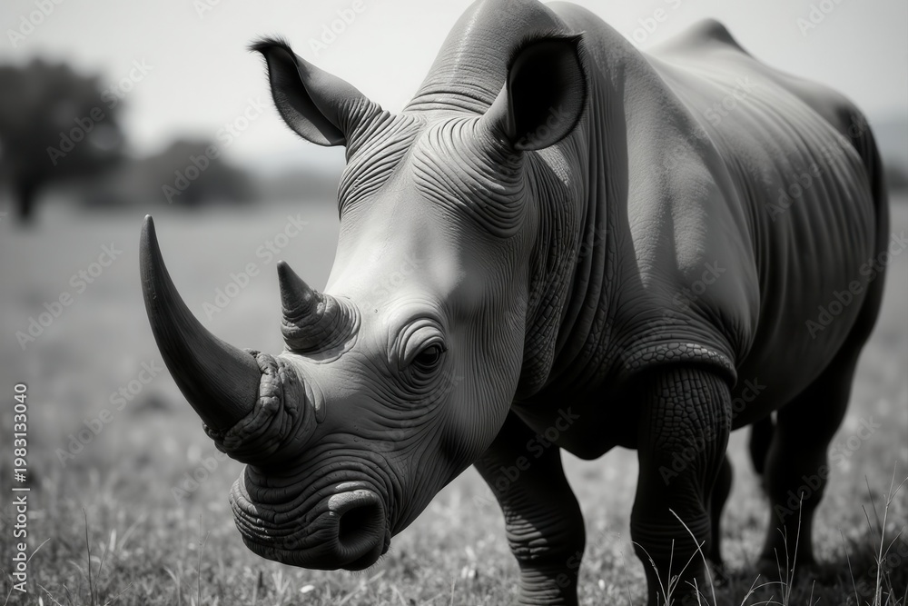 Fototapeta premium Intense gaze, monochrome rhino portrait South African ceratotherium simum , white rhino, black and white