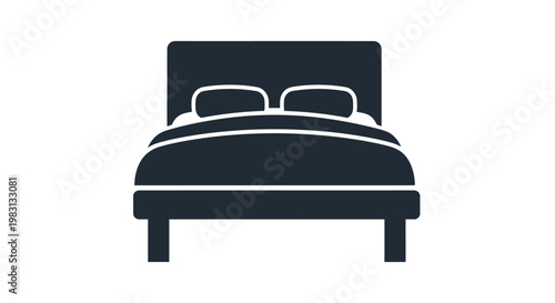 Minimalist vector graphic illustration of a cozy double bed with pillows designed for modern interior design projects and various web user interface hospitality website icons