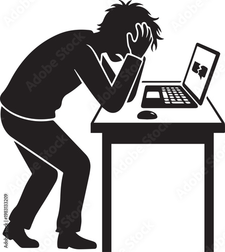 Stressed Employee With Computer Problems Office Silhouettes