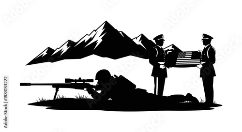 Patriotic Sacrifice: Soldier Sniper Guards Fallen Hero's Flag-Draped Coffin in Mountains