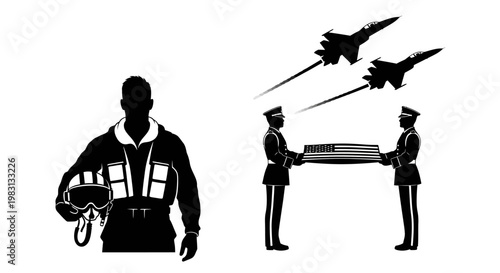 Pilot Silhouette and Military Funeral with Jets Flyover