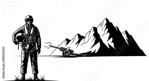 Pilot in Uniform with Helmet and Artillery Gun in Mountains - Black and White