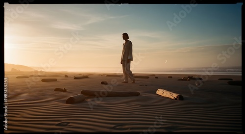 A man walks alone on a serene beach at sunset with a suitcase