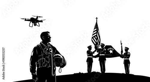 Pilot with Drone and American Flag Ceremony, Military Honor Guard, Veteran Tribute