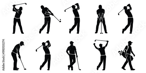 Professional golf player silhouettes set, 10 male golfer icons in various action poses, black vector figures swinging clubs and walking on white background
