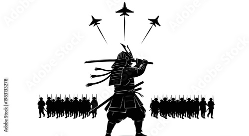 Samurai Warrior Facing Jets, Ancient vs Modern Warfare Symbolism, Silhouette