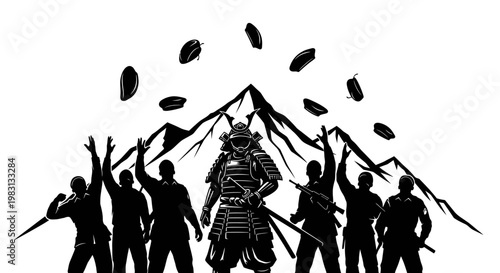 Samurai Warrior Standing Tall Amidst Adoring Crowd with Mountain Background