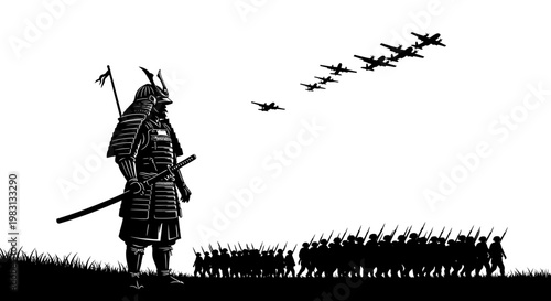 Samurai Warrior Facing Airplanes and Soldiers, Historical Battle Scene