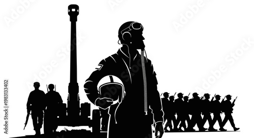 Silhouette of Pilot and Soldiers with Artillery Gun, Military Parade, Historical Battle Scene