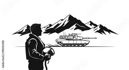 Silhouette of Pilot with Helmet and Military Tank in Mountain Landscape