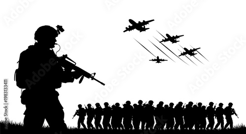 Silhouette of soldier and military aircraft formation against a white background
